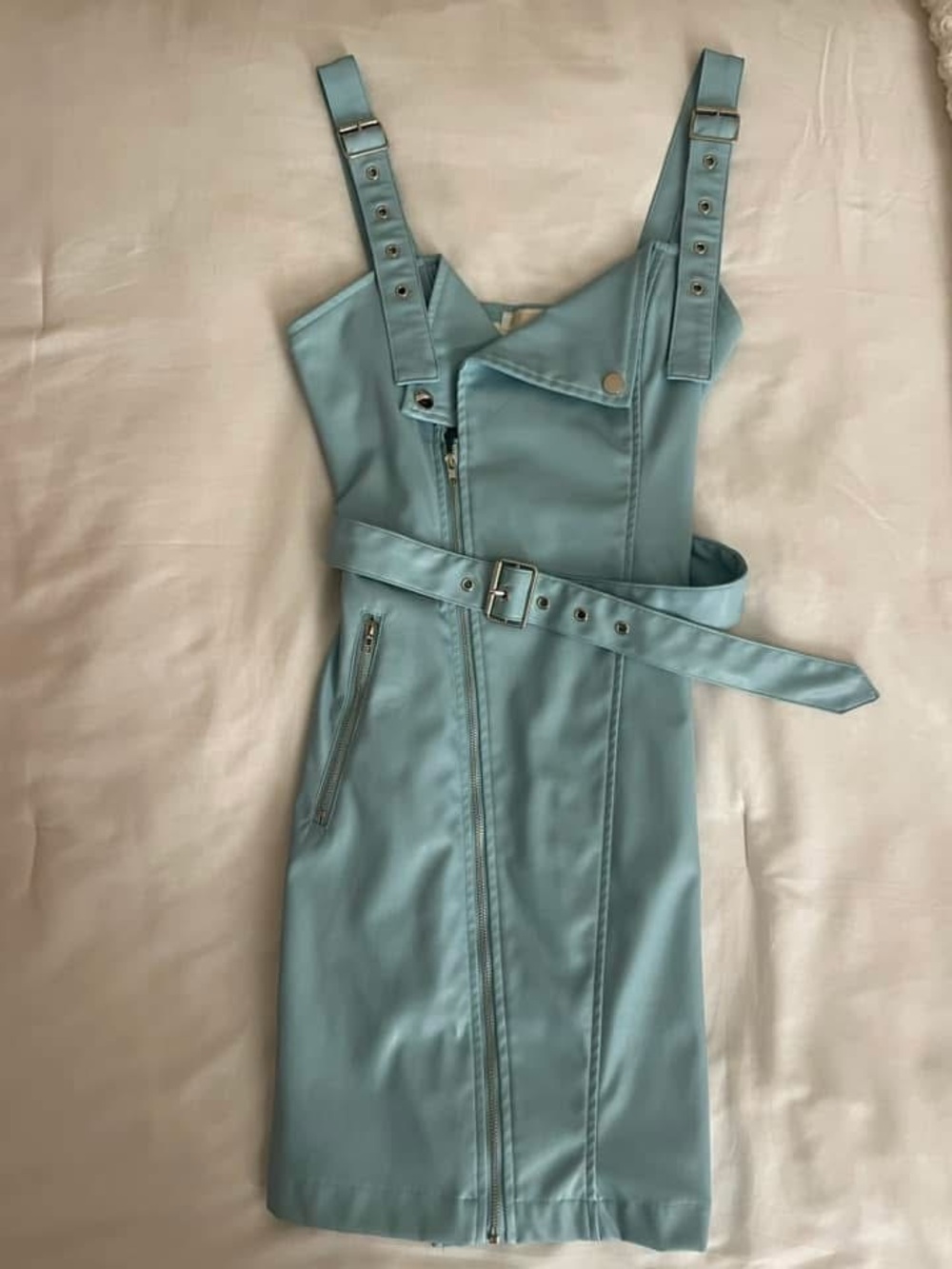 Faux Leather Belted Mini Dress in Light Blue